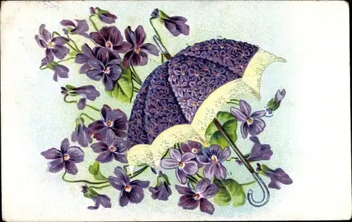 Präge Ak Regenschirm, Veilchen, Kitsch