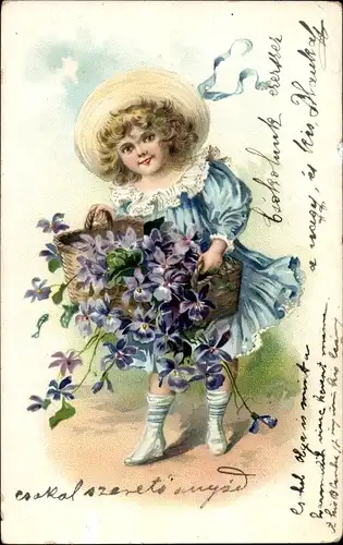 Präge Ak Mädchen mit Blumenkorb, Veilchen