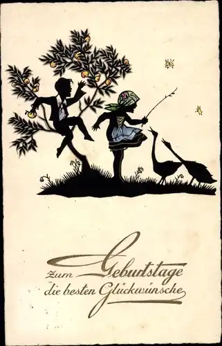 Scherenschnitt Ak Glückwunsch Geburtstag, Kinder, Gänse, Obstbaum