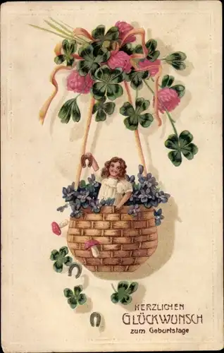 Präge Ak Glückwunsch Geburtstag, Mädchen, Ballon, Glücksklee, Hufeisen