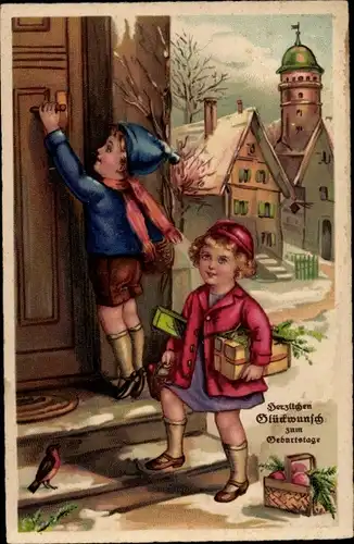 Ak Glückwunsch Geburtstag, Gratulanten an der Tür, Geschenke