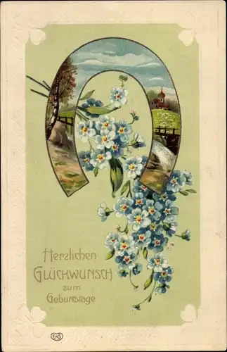 Präge Ak Glückwunsch Geburtstag, Dorf, Vergissmeinnicht, Hufeisen, Glücksklee