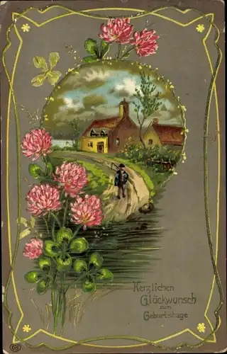 Präge Ak Glückwunsch Geburtstag, Dorf, Bauer mit Sense, Haus, Blumen, Glücksklee
