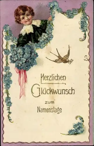 Präge Ak Glückwunsch Namenstag, Kind, Schwalbe, Vergissmeinnicht