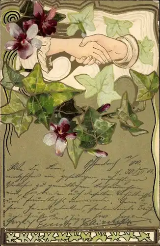 Präge Ak Händedruck, Efeublätter, Blumen