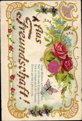 Präge Ak Aus Freundschaft, Blumen, Rosen, Vergissmeinnicht, Schmetterling