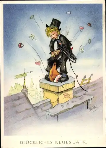 Ak Glückwunsch Neujahr, Schornsteinfeger, Pilze und Glücksklee