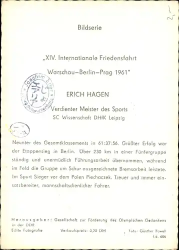 Ak Erich Hagen, Verdienter Meister des Sports, XIV. Internationale Friedensfahrt 1961