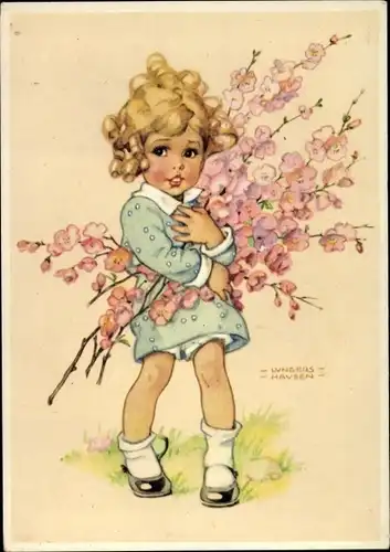 Künstler Ak Lungershausen, Ilse Wende, Blondes Mädchen mit Blütenzweigen