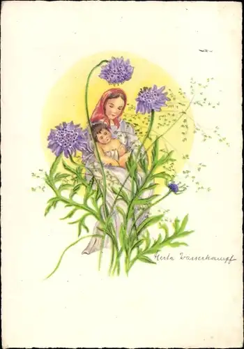 Künstler Ak Wasserkampf, Herta, Frau mit Kind, Blumen