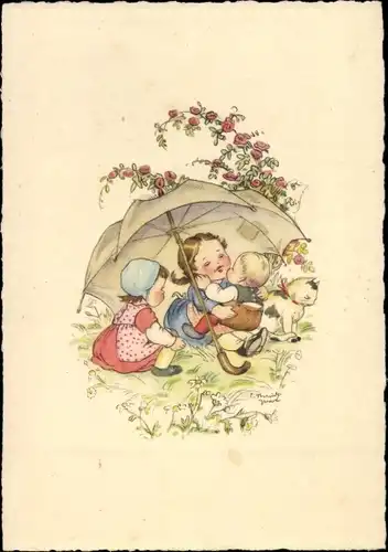 Künstler Ak Kinder unter Schirm, Katze, Flechsig