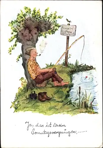 Künstler Ak Mann mit Pfeife beim Angeln, Sonntagsvergnügen