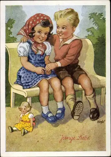 Künstler Ak Dörfel, Junge Liebe, Mädchen und Junge auf Bank, Puppe