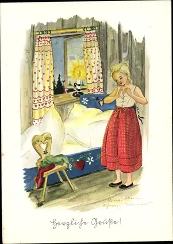 Künstler Ak Schwarz Torinus, Anna Maria, Mädchen beim Umziehen, Bett, Kerze