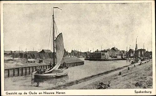 Ak Spakenburg Utrecht Niederlande, Gezicht op de Oude en Nieuwe Haven, Segelboot