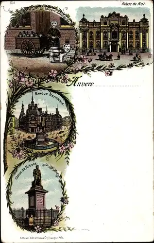 Litho Anvers Antwerpen Flandern, Palais du Roi, Banque Nationale, Statue de Rubens