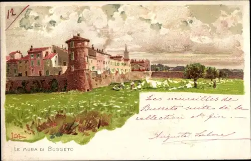 Künstler Litho Busseto Emilia Romagna, Stadtansicht, Stadtmauer, Giuseppe Verdi