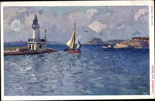 Künstler Ak Littrow, Leo von, Split Spalato Kroatien, Leuchtturm, Segelboot