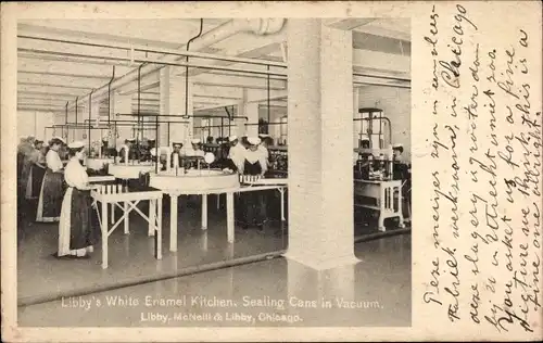 Ak Chicago Illinois USA, Libby McNeill & Libby, Libby's White Enamel Kitchen, Sealing Cans in Vacuum