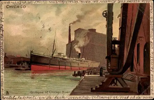 Ak Chicago Illinois USA, Glimpse of Chicago River, Steamer