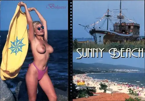 Ak Sonnenstrand Bulgarien, Sunny Beach, Frau oben ohne, Busen, Schiff, Strandpartie
