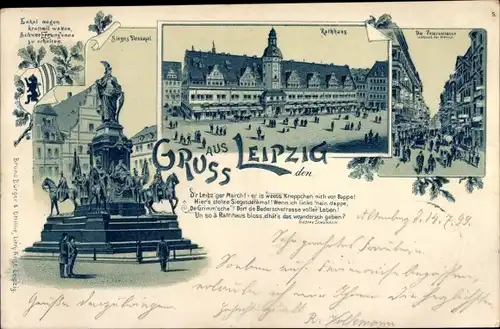 Litho Leipzig in Sachsen, Siegesdenkmal, Rathaus, Petersstraße