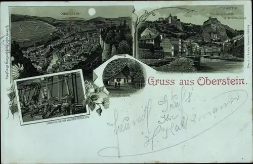 Mondschein Litho Oberstein an der Nahe, Ort bei Nacht, Schloss, Brücke