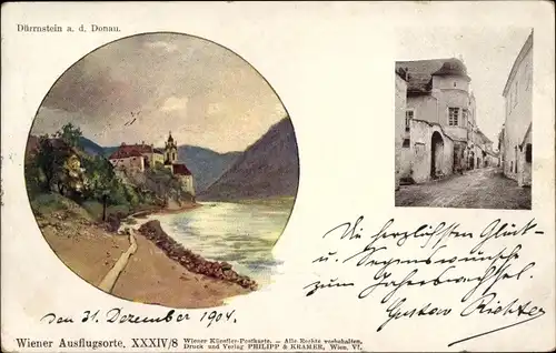 Ak Dürnstein an der Donau Wachau Niederösterreich, Donaupartie, Schloss, Straßenpartie