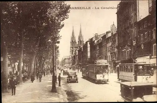 Ak Marseille Bouches du Rhône, La Canebière, Straßenbahnen