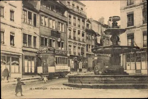 Ak Besançon Doubs, Fontaine de la Place Bacchus, tramway