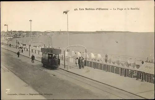 Ak Les Sables d'Olonne Vendée, La Plage et le Remblai, Tram