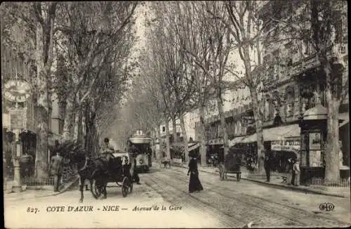 Ak Cote d'Azur Nice Nizza Alpes Maritimes, Avenue de la Gare, Kutsche, Tram