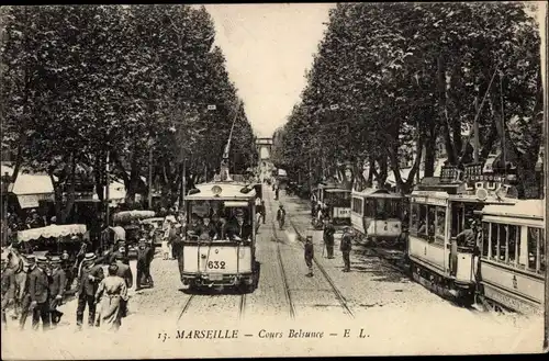 Ak Marseille Bouches du Rhône, Cours Belsunce, Straßenbahnen