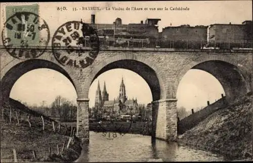 Ak Bayeux Calvados, Le Viaduc de l'Aure et vue sur la Cathédrale