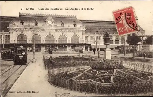 Ak Lyon Rhône, Gare des Brotteaux, Les Jardins et le Buffet, Straßenbahn