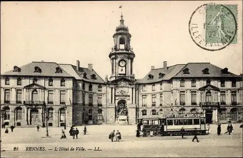 Ak Rennes Ille et Vilaine, Hôtel de Ville, Rathaus, Straßenbahn