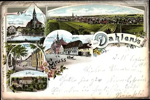 Litho Dahlen in Sachsen, Rathaus, Markt, Bahnhofstraße, Kirche, Schloss, Schule