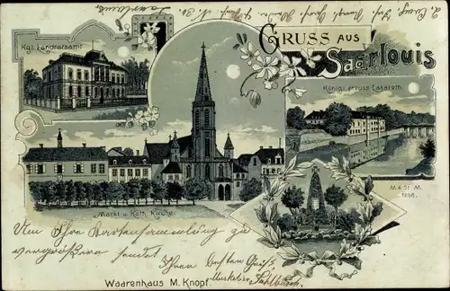 Mondschein Litho Saarlouis im Saarland, Markt, Kath. Kirche, Kgl. Landratsamt, Lazarett, Denkmal