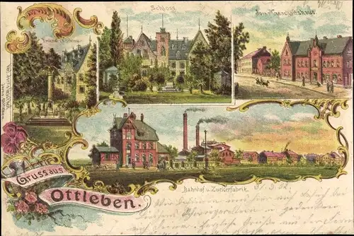 Litho Ottleben Ausleben in Sachsen Anhalt, Schloss, Denkmal, Geschäftshaus, Bahnhof, Zuckerfabrik