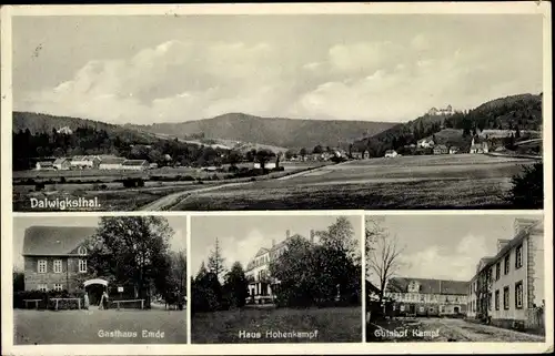 Ak Dalwigksthal Lichtenfels Hessen, Panorama vom Ort, Gasthaus Emde, Haus Hohenkampf, Gutshof Kampf