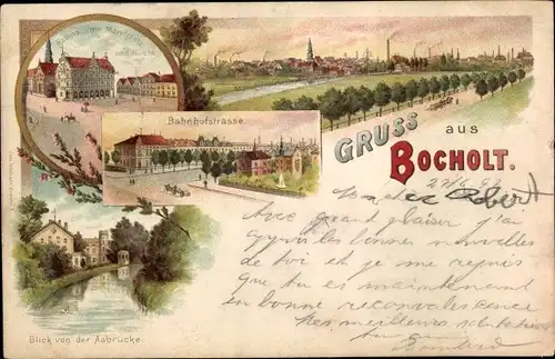 Litho Bocholt im Münsterland, Bahnhofstraße, Marktplatz, Aabrücke, Rathaus, Kirche