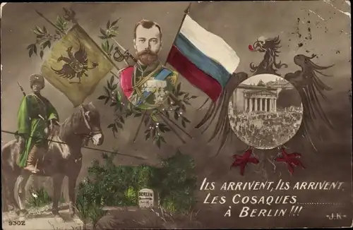 Ak Ils arrivent, Les Cosaques a Berlin, russische Kosaken, Zar Nikolaus II. von Russland