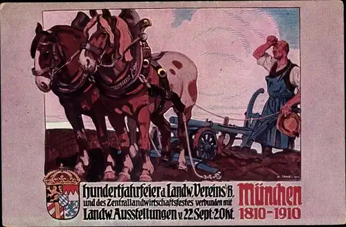 Ak München, Landwirtschaftsausstellung 1910, Hundertjahrfeier Landwirtsch. Verein, Pferdepflug