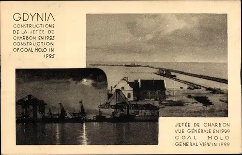 Ak Gdynia Gotenhafen Pommern, Bau des Kohlenhafens 1925