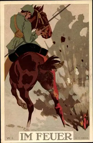Steindruck Ak Im Feuer, Dragoner, Kavallerie, Einschlag, I. WK