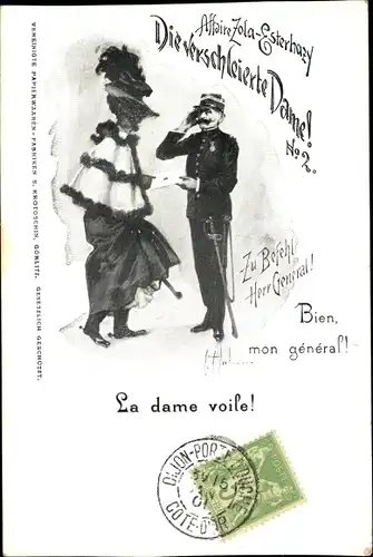 Künstler Ak Affaire Zola Esterhazy, La dame voile, Die verschleierte Dame, Dreyfus Affäre