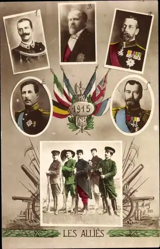 Ak Les Alliés, König Albert I., George V, Zar Nikolaus II., Vittorio Emanuele III, Poincaré