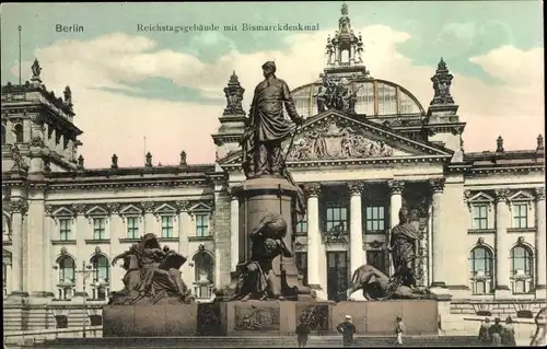 Ak Berlin Tiergarten, Reichstagsgebäude mit Bismarckdenkmal