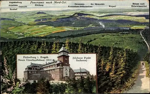 KünstlerAk Oberwiesenthal im Erzgebirge Sachsen, Neues Unterkunftshaus auf dem Fichtelberg, Aussicht