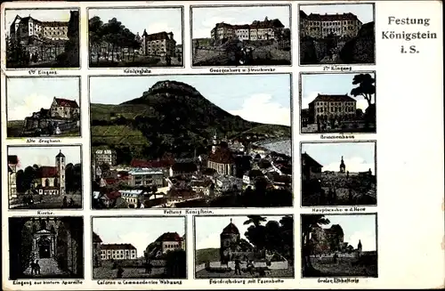 Ak Königstein an der Elbe Sächsische Schweiz, Festung, Eingang, Königstraße, Kirche, Brunnenhaus